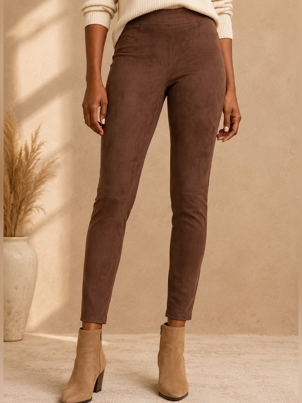 Max Studio Brown Faux Suede Skinny Pants Ponte Pull On Leggings Small